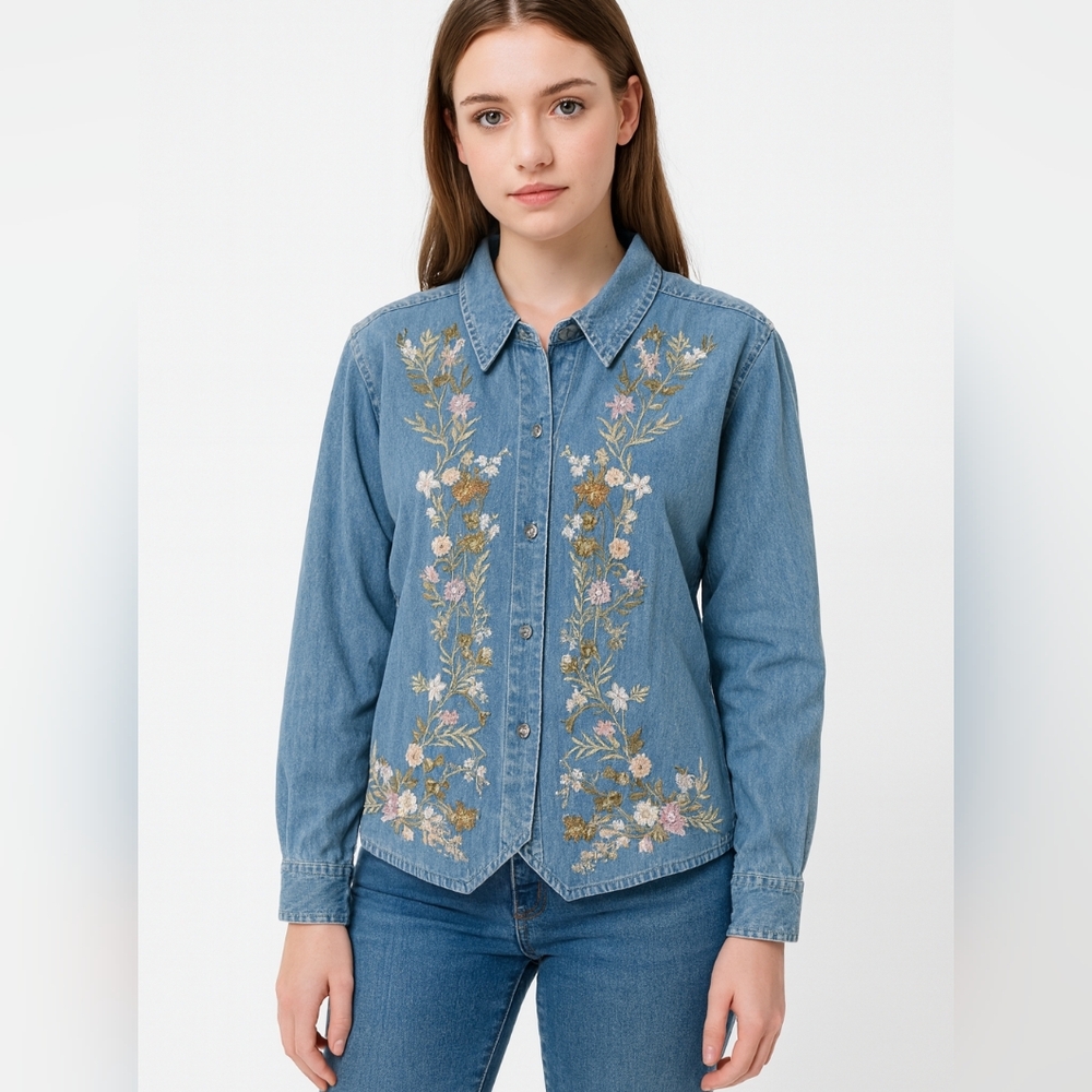 Vintage Floral Embroidered‎ Grandma Core Jean Jacket